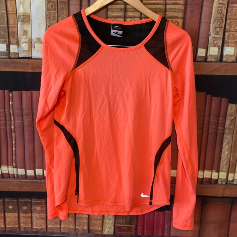 Nike Dri-FIT Womens Small Neon Orange Black Mesh Running Top Long Sleeve
